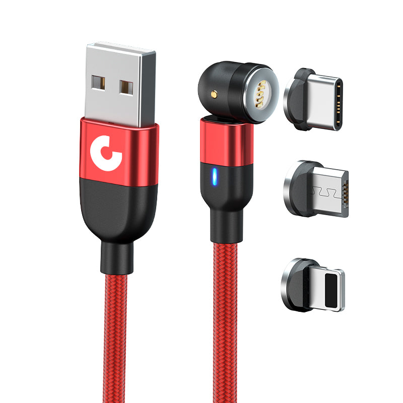 Rotes Magnet Ladekabel mit drei verschiedenen Aufsätzen für alle Geräte mit Lightning , USB Typ-C und Mirco-USB Anschluss. Das Magnet Ladekabel von chargerforfuture ist für jedes Handy geeignet.